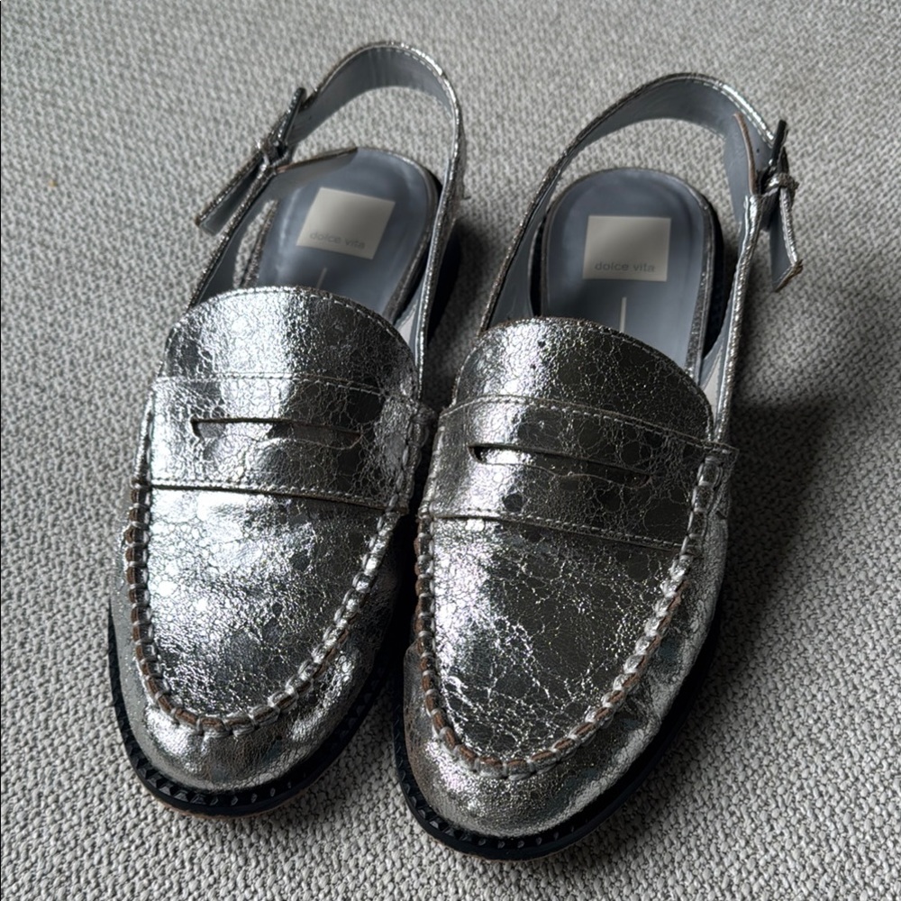 Dolce Vita Silver Crackle Metallic leather Sling back Loafers Size 10